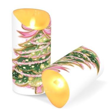 Imagem de ATTX Pacote com 2 velas sem chamas para árvore de Natal com laço rosa - 7,6 cm x 15 cm com controle remoto e temporizador para decoração de casa, casamento, acampamento #228