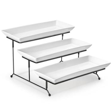 Imagem de MALACASA Bandeja de servir de 3 camadas, suporte de cupcake em camadas de porcelana, prato de cerâmica elevado com rack dobrável e resistente, prato de série (branco, 35,5 cm)