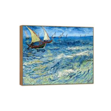 Imagem de BMZFYBS Vincent van Gogh Famosa pintura em tela de arte de parede pronta para pendurar. Barcos de pesca. Imagem em moldura de madeira para decoração de sala de estar 90 x 108 cm 35 x 42 pol