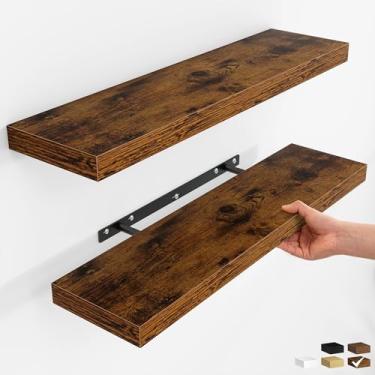 Imagem de Fun Memories Prateleiras flutuantes para parede, de madeira rústica, montadas na parede para banheiro, quarto, sala de estar e cozinha, armazenamento e decoração de casa (conjunto de 2, marrom, 76 cm)