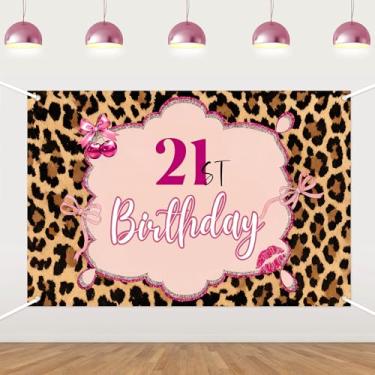 Imagem de Pano de fundo de aniversário de 21 anos com tema leopardo - faixa de fundo de cabine de fotos rosa cerejeira para meninas, suprimentos de festa de aniversário