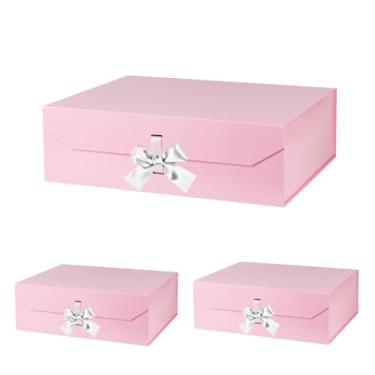 Imagem de Caixa de presente rosa extra grande com fita 40,6 x 35,5 x 14 cm caixas de presente com fecho magnético de tampa, caixa de proposta de padrinho, caixas retangulares dobráveis para presentes grandes