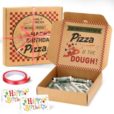 Imagem de Feifeiya 2 caixas de dinheiro de pizza de aniversário para presente em dinheiro, 18 x 18 cm, porta-dinheiro, presente divertido para surpresa, engraçado, clássico, festa de feliz aniversário (dinheiro