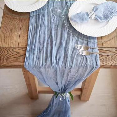 Imagem de Caminho de mesa azul empoeirado 3 m - caminho de mesa de gaze para festa, aniversário, casamento, noiva, chá de bebê, 89 x 300 cm, caminho de mesa de pano de queijo transparente de gaze boho