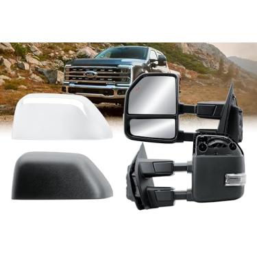 Imagem de Espelho de reboque do lado esquerdo do motorista, elétrico, luz de seta, luz de seta e BLIS com tampa preta cromada e texturizada telescópio manual dobrável manual para Ford F-150 250 350 450 550 21