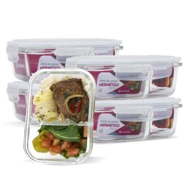 Imagem de 5 Potes Vidro Retangular Marmita Com Divisória 640ml Vedação - U4home,