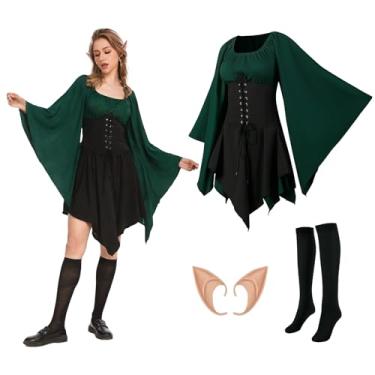 Imagem de Traje de elfo feminino, vestido tradicional irlandês manga trompete vestido medieval com meias acima do joelho e orelhas de elfo, traje gótico renascentista feminino para festa de cosplay de carnaval