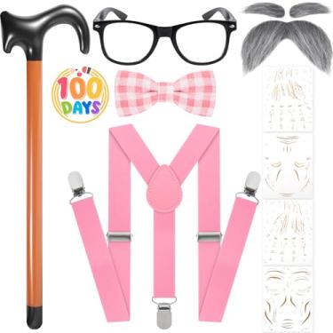 Imagem de Fabllewavi 7 peças fantasia de velho avô, suspensórios, gravata borboleta falsa, óculos, bengala, crachá, tatuagem para cosplay, rosa, Standard