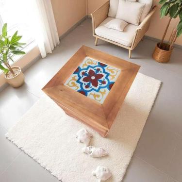 Imagem de Banquinho Baú Rústico de Madeira Maciça com Ladrilho Hidráulico - Esti