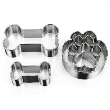 Imagem de Conjunto de moldes de cozimento em forma de pata e osso de cachorro, 3 peças – Cortador de biscoito com tema de animal de estimação de aço inoxidável DIY feito à mão