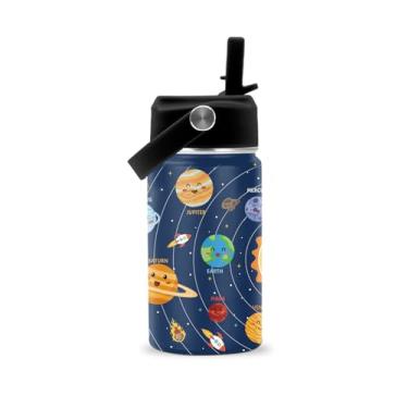 Imagem de ROVOZAR Garrafa de água Space Planet 340 g – Garrafa de água espacial de aço inoxidável com canudo – Copo com isolamento planeta engraçado para meninos – Copo infantil com sistema solar para escola