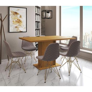 Imagem de Mesa Jantar Londres Retangular Canela 137X90Cm 6 Cadeiras Estofadas Nude Médio Base Dourado