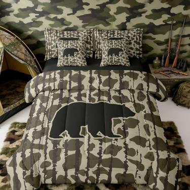 Imagem de Feelyou Conjunto de edredom de camuflagem com urso, 7 peças, solteiro, fofo, caça, animal selvagem, veado, para crianças, meninos, meninas, rústico, fazenda, em uma bolsa, microfibra leve e macia