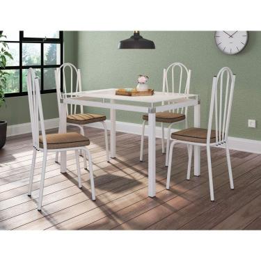 Imagem de Kit Conjunto Mesa de Jantar Malva Base 4118 4 Lugares Tampo Vidro Assento Rattan Branco 107CM