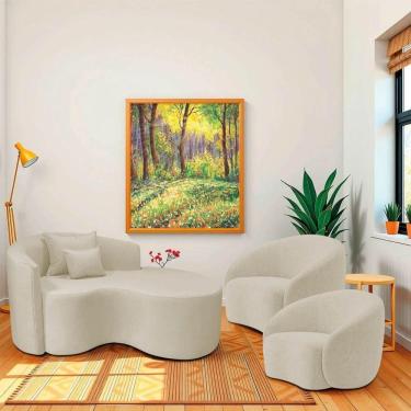 Imagem de Kit Recamier Curvo Sala De Estar 150cm Lado Direito E 2 Poltronas Orgânica Luxo Amore Bouclé Bege