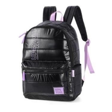 Imagem de Mochila Costas Juvenil Nailon Matelassê Puffer Preta Metalizado Up4you-Feminino