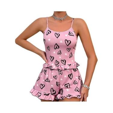 Imagem de Feminino verão gelo seda rosa impresso amor pijama sexy cinta shorts c