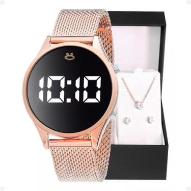 Imagem de relogio feminino digital led aço + brincos + colar + caixa original Ca