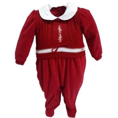 Imagem de Macacão Longo Luxo Bebê Menina Plush + Tricô Paraiso 14519, Vermelho, 