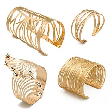 Imagem de DEECAS Conjunto de 4 pulseiras de ouro com pulseira aberta e fio largo, pulseiras multibraceletes, joias ajustáveis para mulheres e meninas, Sem pedras preciosas