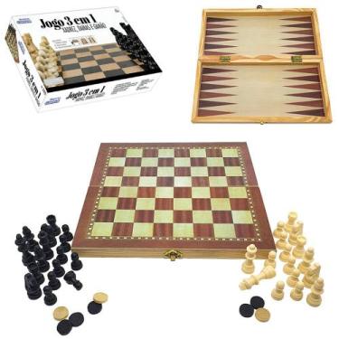 Conjunto de xadrez de madeira multifuncional 3 em 1 Jogo de xadrez dobrável  Jogos de viagem Jogo de damas de xadrez Jogo de damas e gamão