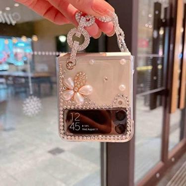 Imagem de Para Samsung Galaxy Z Flip 4 3 5G Cristal Pérola Coroa Coração Pulso Capa de Telefone de Luxo Capa, Flor de Pérola, Para Z flip