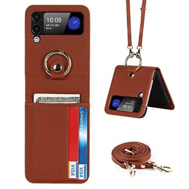 Imagem de Estojo porta-cartões com cordão de anel de luxo capa de couro PU para Samsung Galaxy Z Flip 3 5G Kickstand Estojos de telefone, marrom, para galaxy Z flip 3