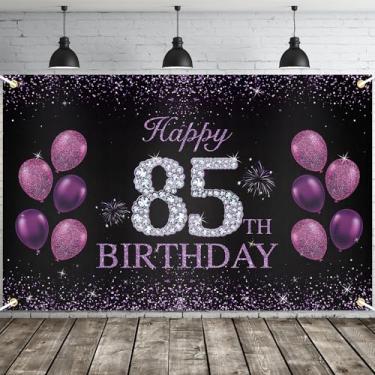 Imagem de JOYKY Banner de feliz aniversário de 85 anos, roxo, decorações de festa de 85 anos para mulheres, suprimentos de aniversário de 85 anos decoração de pano de fundo para ela, 15 x 9 metros