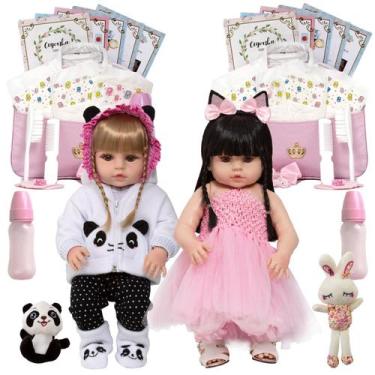 Imagem de 2 Bebê Reborn Realista Menina Pandinha Coelhinha 43 Itens - Cegonha Re