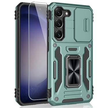 Imagem de SYONER Capa para Samsung Galaxy S23, capa de telefone à prova de choque com capa de câmera deslizante e suporte giratório para anel + protetor de tela de vidro temperado para Galaxy S23 (6,1 polegadas, 2023) [verde alpino]