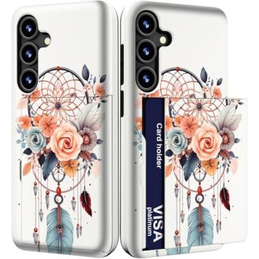 Imagem de IWONE Capa para celular compatível com Samsung Galaxy S23 fofa com porta-cartões/carteira fina à prova de choque para mulheres/apanhador de sonhos flor pena feminina