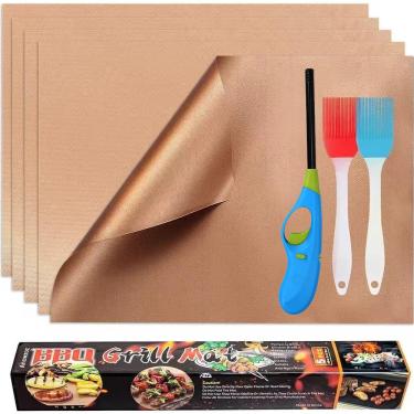 Imagem de Tmdwon Tapetes de churrasqueira para churrasqueira externa, 5 peças reutilizáveis para churrasqueira elétrica a gás a carvão, 30 x 48 cm dourado