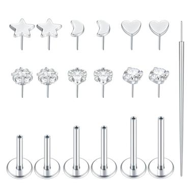 Imagem de Aumeo 16G 18G Anéis de nariz brincos sem rosca com costas planas lua estrela lábio tachas coração zircônia cúbica medusa narina tragus hélice concha piercing joia 6 mm 8 mm 10 mm comprimento da barra