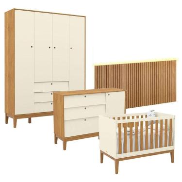 Imagem de Quarto de Bebê Unique 4 Portas com Cômoda Sapateira e Painel Ripado com Led Off White Freijó Eco Wood - Matic