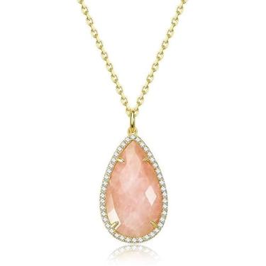Imagem de G&GEMSJEW Colar de quartzo rosa em gota natural elegante com moissanite | Joias sem níquel para pele sensível | Presente de Dia dos Namorados e Natal, Banhado a ouro, Moissanite