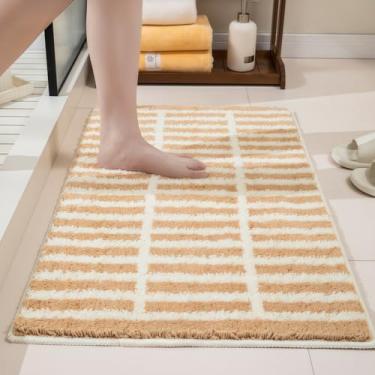 Imagem de GIB Tapete de banheiro listrado marrom e branco 80 cm x 50 cm, extra macio, absorvente, antiderrapante, lavável, tapete de banho de microfibra felpudo fofo, tapete de corredor estético para quarto