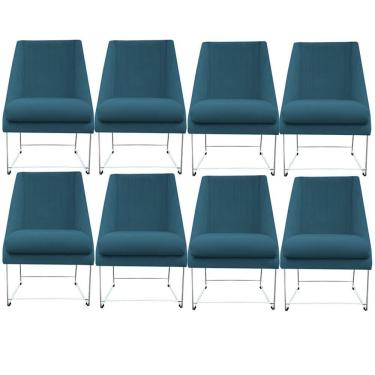 Imagem de Kit 08 Cadeiras Ana Base De Ferro Prata Suede Azul Tiffany D'classe Decor