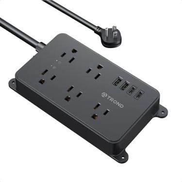 Imagem de TROND Protetor contra surtos de régua elétrica, 5 tomadas amplamente espaçadas com 2 USB A e 2 USB C, listado em ETL, montável na parede, cabo de extensão de plugue plano de 1,5 m, 1300J, resistente
