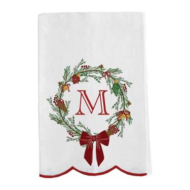 Imagem de Mary Square Monograma de guirlanda de Natal M toalha de chá vermelha e branca 35 x 16,5 todo algodão toalha de mão de cozinha | Decoração de casa festiva e presente