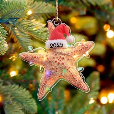 Imagem de Enfeite de Natal estrela-do-mar 2025, animais marinhos e oceânicos 9,5 cm (plano 2D) enfeite de acrílico de dupla face, presente para amantes de estrelas do mar, mergulhadores, enfeite de Natal para
