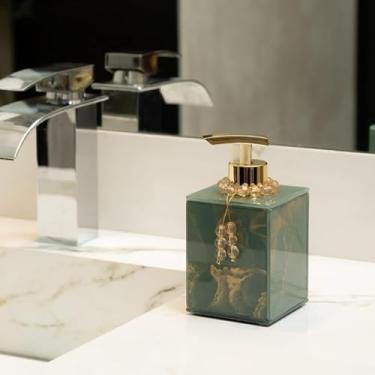 Imagem de Saboneteira Líquido 250ML Porta Sabonete Decorativo De Vidro EFEITO MÁRMORE Porta Álcool Gel Porta Sabonete Líquido (Verde com dourado com enfeite,Unid)