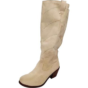 Imagem de Botas femininas de salto grosso médio largura extra larga cano alto cano cano alto moda retrô clássica bota de inverno larga cano médio, Bege, 8.5