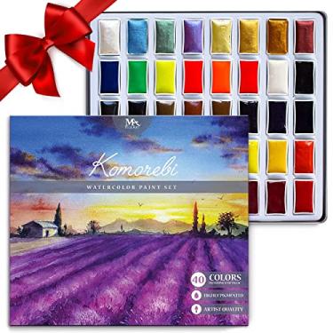 Imagem de Conjunto de tinta aquarela japonesa premium da Mozart – 40 cores ricas em água – Inclui cores sólidas, metálicas e neon – Qualidade de artista- Aquarela para viagem perfeita para adultos, estudantes