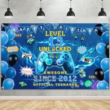 Imagem de Decorações de aniversário de 13 anos de videogame - Pano de fundo para festa de jogos desbloqueado nível 13 com placa oficial de adolescente, fundo de vinil grande para artigos de festa de aniversário