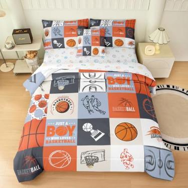 Imagem de Yadangxiawa Conjunto de edredom de basquete para meninos, Queen, 6 peças, para adolescentes, com 1 colcha + 1 lençol de cima + 1 lençol com elástico + 2 fronhas + 1 capa de almofada (basquete - E