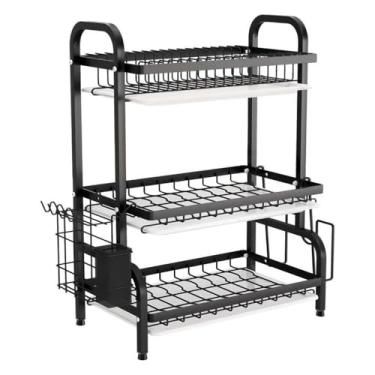 Imagem de Escorredor de Louças com 3 Andares, Preto, para Cozinha, Organizador de Utensílios acomodar pratos, copos, tigelas e talheres Porta louças Casa e Cozinha