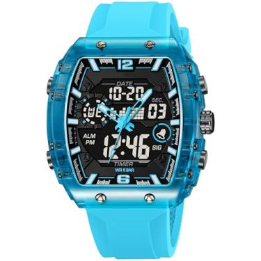 Imagem de Relógios masculinos modernos Tonneau Novidade Designer Elegante Relógio de Pulso com Alarme LED Dual Time 12/24H Calendário Colorido, Azul lago, Casual