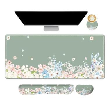 Imagem de Lauspuck Tapete de mesa verde, mouse pad ergonômico floral + almofada de pulso para teclado + descanso de pulso para mouse, alívio da dor de digitação fácil, tapete de teclado grande de 35 × 15 cm