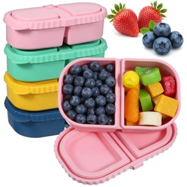 Imagem de MAQUITA Pacote com 4 recipientes reutilizáveis de silicone para lanches com tampas, mini recipientes com 2 compartimentos, caixa portátil de armazenamento de alimentos de silicone para piquenique