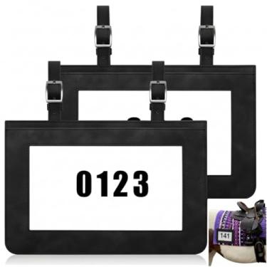 Imagem de Fullhawl Suporte de número de desempenho de cavalo suprimentos de exibição de cavalo clipe de número de expositor de couro para arnês de sela porco gado vaca cabra show suprimentos (2 peças, preto)